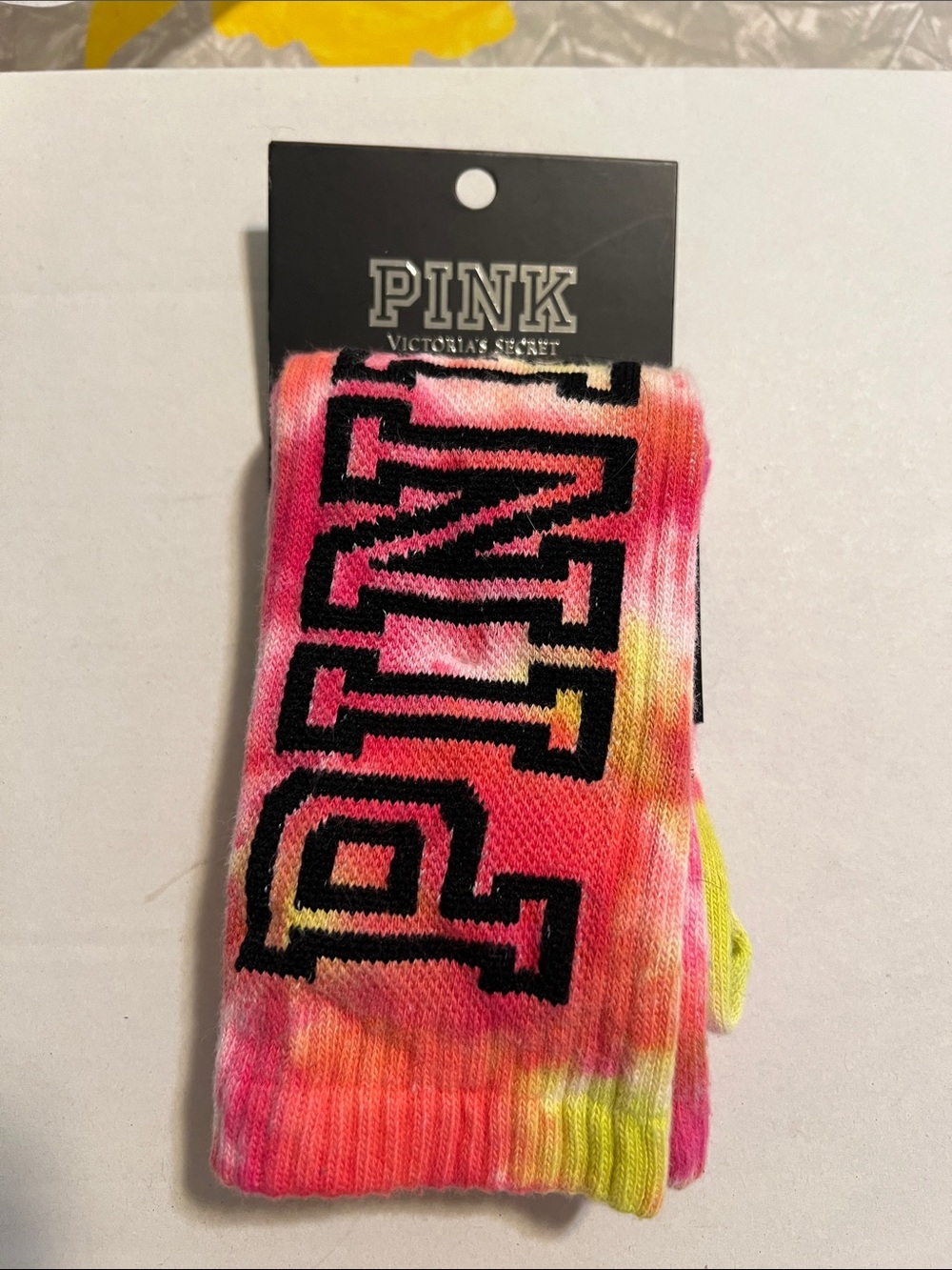 PINK Victoria's Secret Neon Tie-Dye Crew Socks - Pink, Yellow, Black